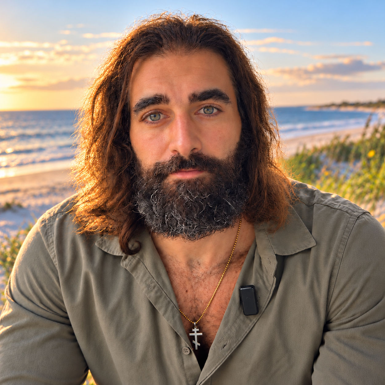 Braden Wuerch in an olive shirt on the beach in St. Augustine