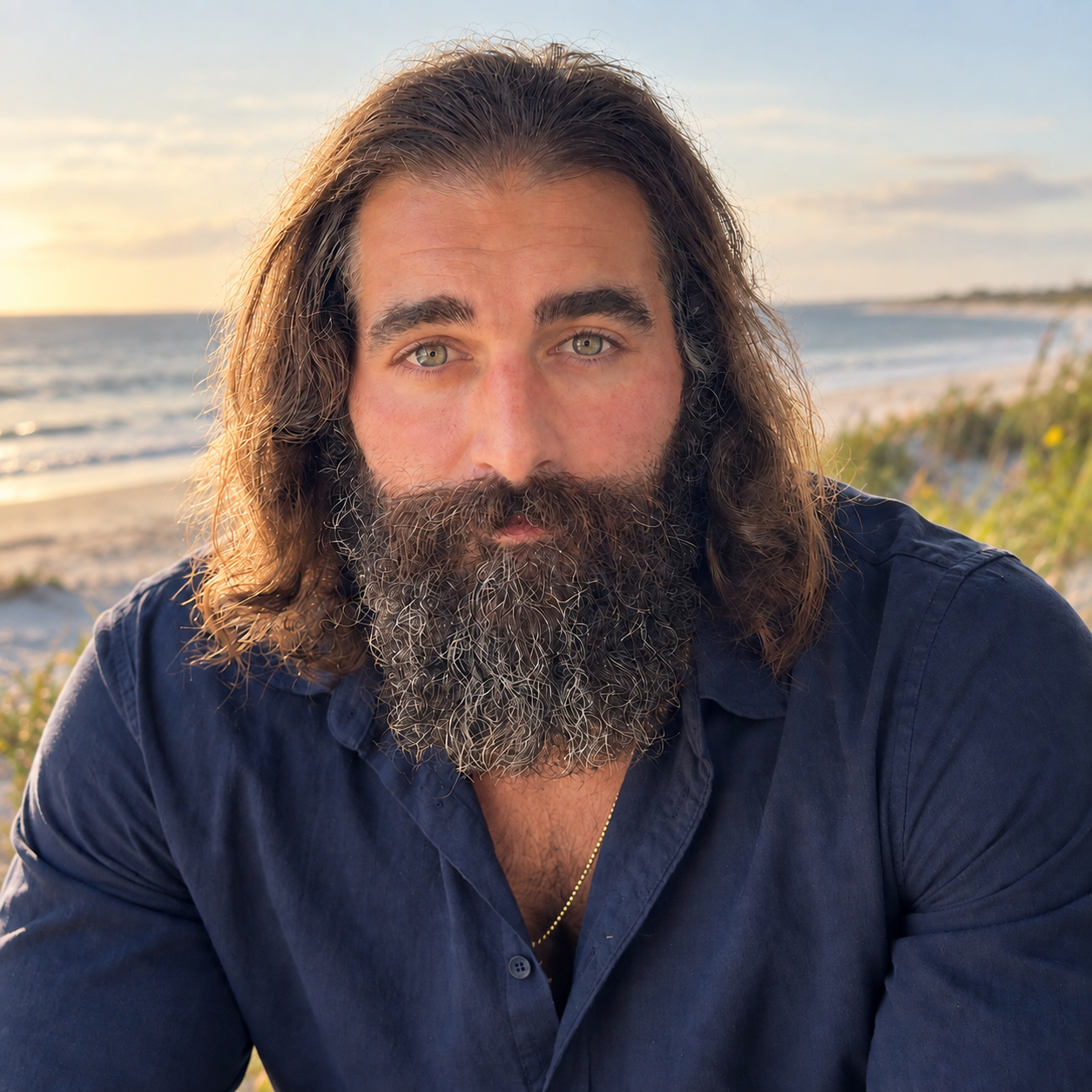 Braden Wuerch in a blue shirt on the beach in St. Augustine